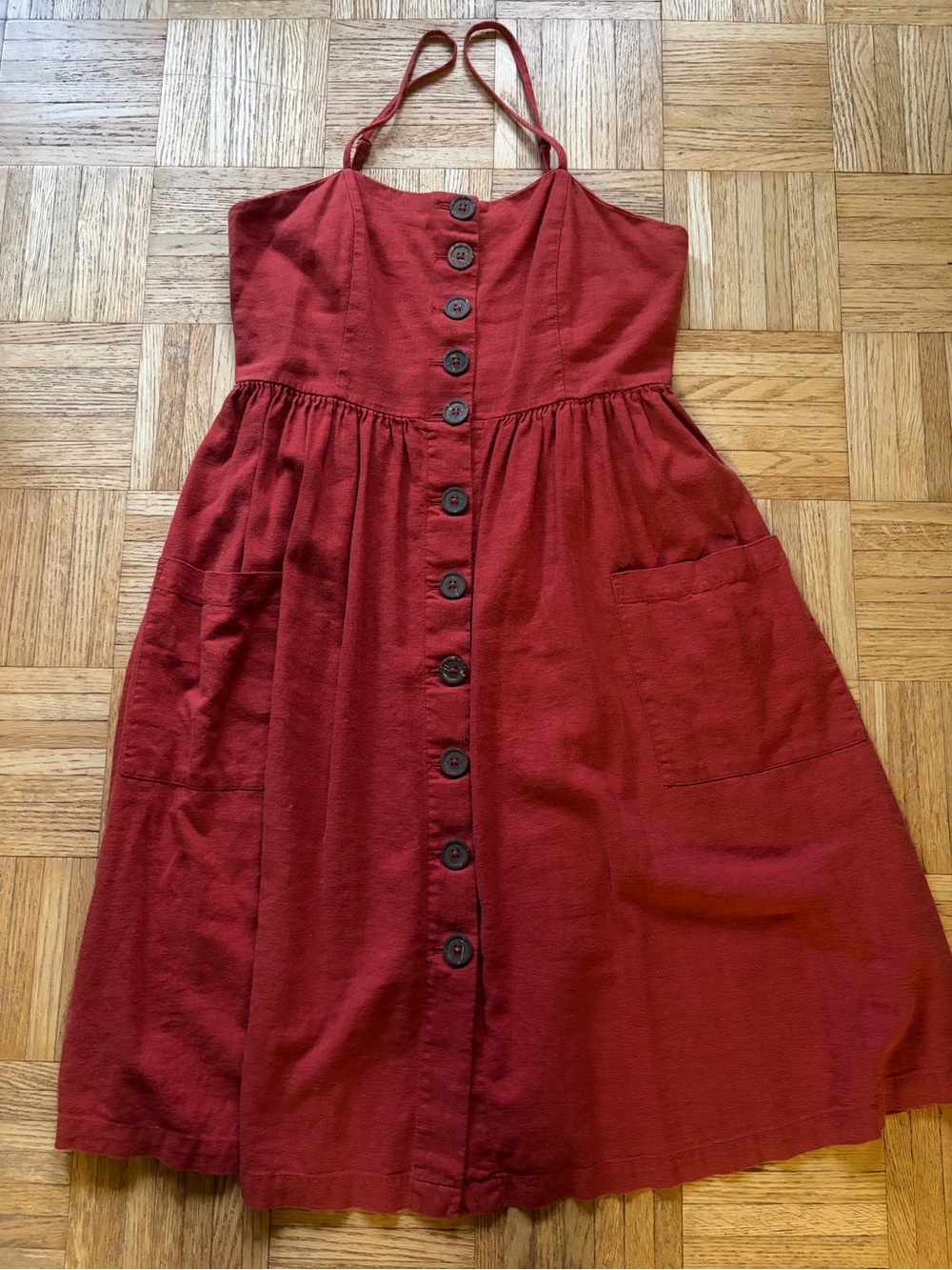 Forever 21 Rustic Orange Linen Button-up Midi Dress Smocked, Deep Front Pockets
